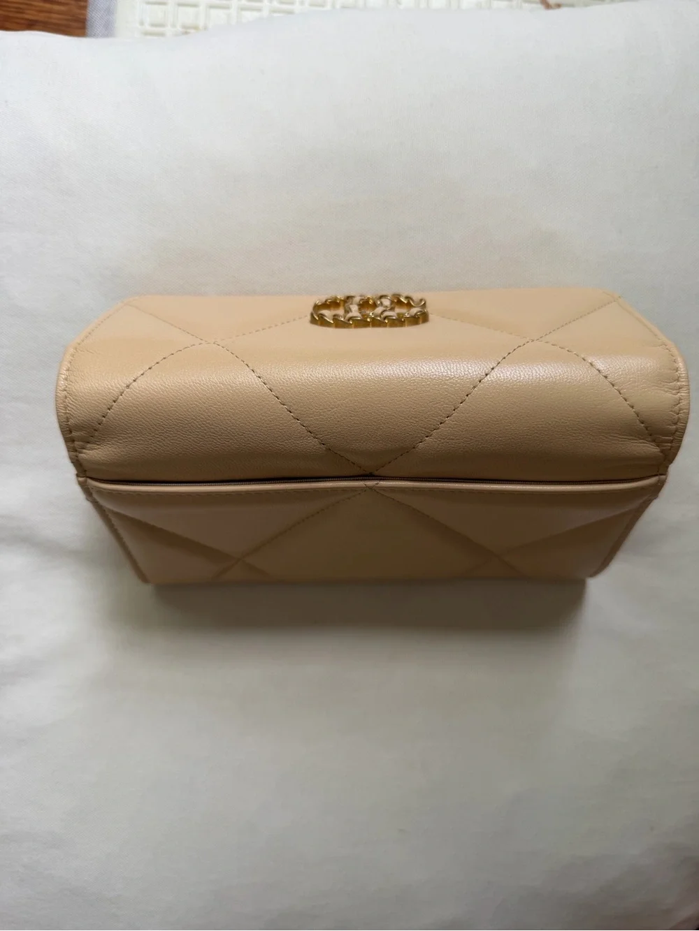 CHANEL Quilted Nude Beige Leather Fold Wallet with Gold CC Chain Emblem